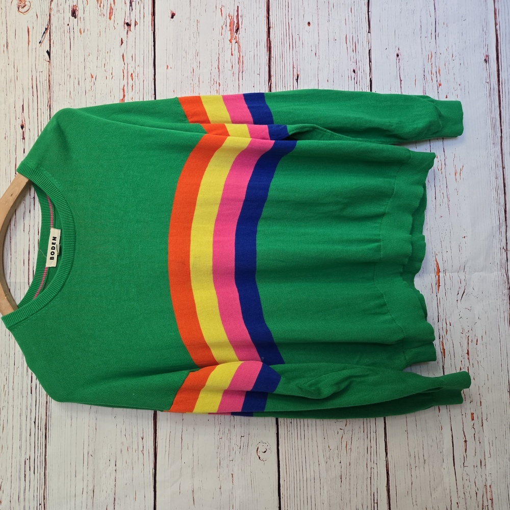 Boden Green Sweater with Multicolor Stripes